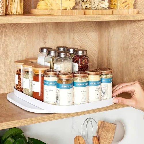 Vista 6 de YouCopia MagicTrack Lazy Susan - Estante giratorio rectangular de 2 niveles para especias: organizador de almacenamiento de tarros y botellas