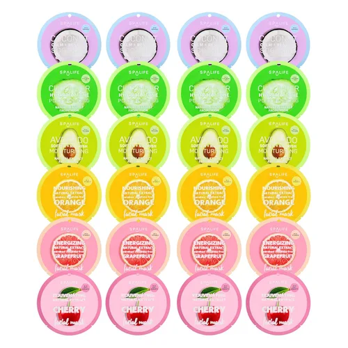 SpaLife Beauty Fruit - Paquete de 24 mascarillas faciales para el cuidado de la piel, mascarillas hidratantes, 6 fórmulas de extracto de fruta