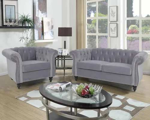 Vista 7 de RARZOE Juego de 3 piezas de muebles de sala de estar, sofá Chesterfield de terciopelo moderno, silla de club Chesterfield y sofá de dos plazas Mango