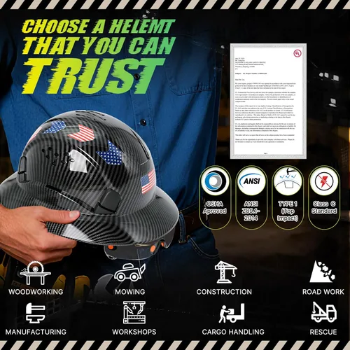 Vista 8 de Casco duro de ala completa con patrón de fibra de carbono con visera, casco de seguridad de construcción aprobado por la OSHA para hombres