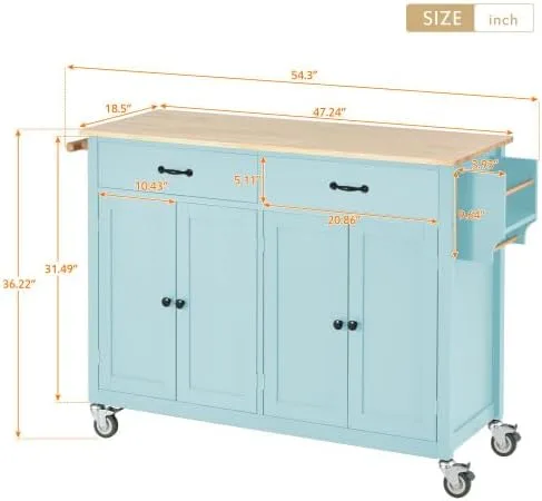 Vista 21 de Elefesign FridayParts FridayParts - Carrito de isla de cocina con parte superior de madera maciza y ruedas de bloqueo, 54.3 pulgadas de ancho