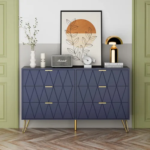 Vista 15 de UEV Cómoda grande negra de 6 cajones, cómoda moderna con cajones anchos y asas de metal, cómoda de almacenamiento de madera para dormitorio, Negro