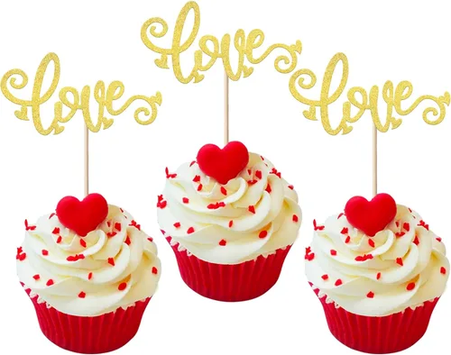 Vista 42 de Paquete de 24 adornos para cupcakes con purpurina en forma de corazón con temática de amor dulce, decoración de pasteles para el día de San