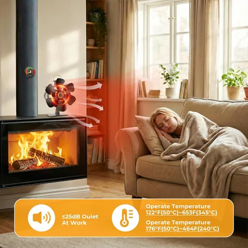 Vista 4 de XTIMES Ventilador de estufa de leña oscilante, ventilador de chimenea con termómetro magnético, ventilador termoeléctrico para estufa de Oscilante