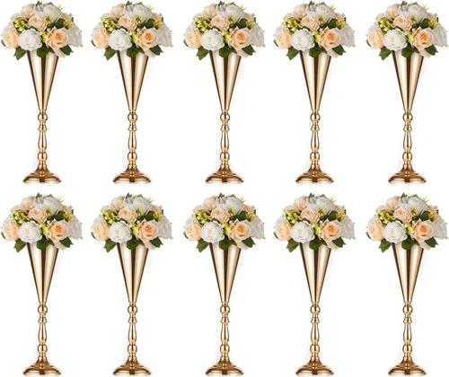 Vista 11 de Nuptio Jarrón decorativo de metal con diseño de trompeta para flores, para bodas, centros de mesa, arreglos de flores artificiales