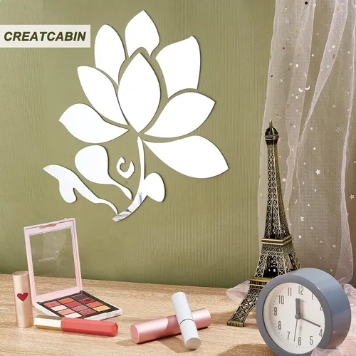 Vista 6 de CREATCABIN 2 calcomanías de acrílico 3D para pared, diseño de flor de loto, autoadhesivas, removibles, ecológicas, para el hogar, dormitorio, sala
