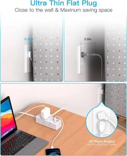 Vista 2 de Regleta de alimentación de enchufe plano, cable de extensión plano ultrafino de 10 pies con múltiples tomas, 6 tomas, 3 puertos USB (1 USB C)