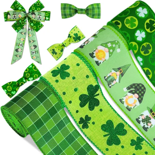Whaline Cinta con borde con alambre del día de San Patricio, trébol verde, gnomo, a cuadros, de 24 yardas, cinta de estilo irlandés para envolver