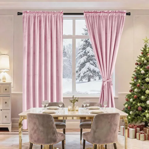 Vista 5 de JIUZHEN Cortinas de terciopelo rosa de 108 pulgadas para sala de estar, cortinas opacas extralargas para dormitorio, bolsillo para barra, protección