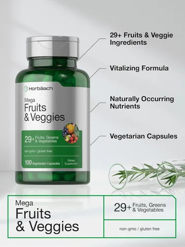 Vista 4 de Horbäach Suplemento Mega frutas y verduras 100 cápsulas Vegetariano, sin OMG y sin gluten