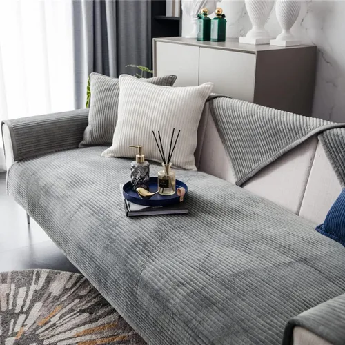 Vista 6 de vctops Funda de sofá a rayas de color liso, funda de sofá modular de felpa súper suave, antideslizante, para perros, gatos y mascotas, para sofá