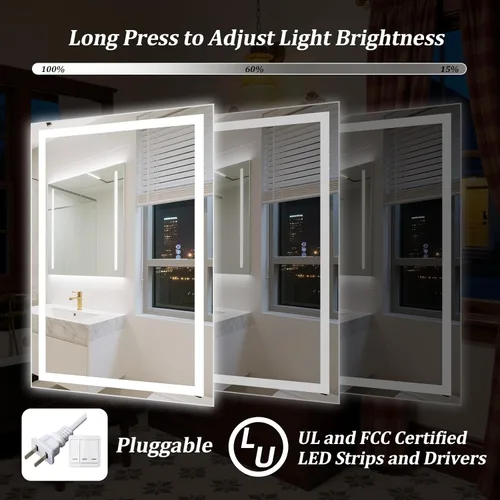 Vista 4 de Espejo de baño LED con luces, espejos de pared de 36 x 24 pulgadas con antiempañamiento, regulable, retroiluminado + luz frontal, 3 modos