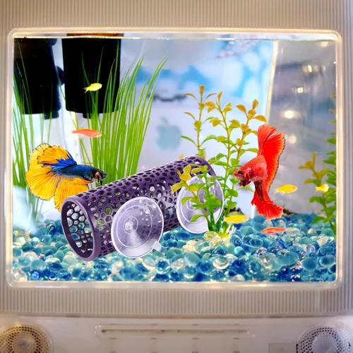 Vista 4 de Abizoo Betta Cueva, túnel de pez Betta púrpura con agujeros para peces pequeños, hábitat de camarones, juguetes Betta, refugio, escondite, hamaca