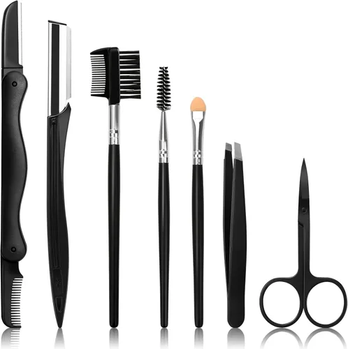 Maquinilla de afeitar para cejas, kit 7 en 1, juego de recortador de cejas que incluye maquinillas de afeitar, cepillo, tijeras, pinzas, con caja de