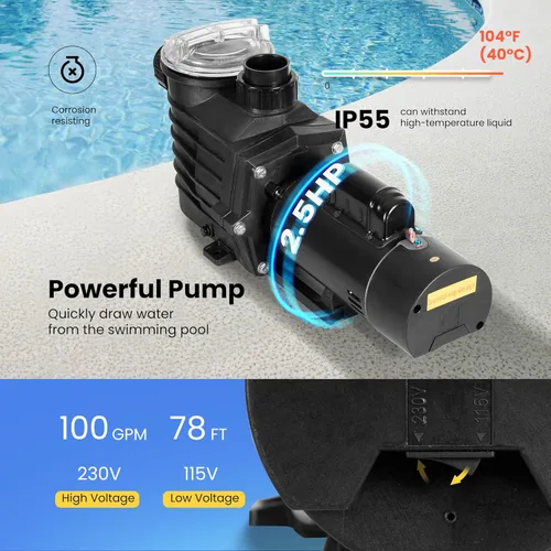 Vista 4 de VIVOHOME 2.5HP Bomba de piscina de doble voltaje, autocebante de alta elevación 78 pies, ahorro de energía DOE, conectores de 1.5" y 2" con cesta