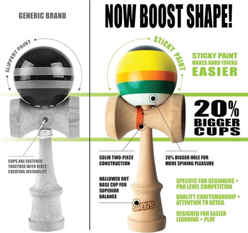 Vista 2 de Sweets Kendamas - Prime Kendama de 5 rayas (de colores). Todos los niveles, diseño de rayas, cuerdas extra y paquete de accesorios (Poncho)