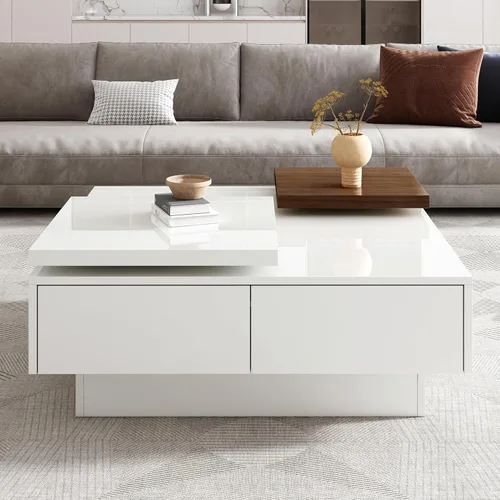 Vista 52 de Mesa de centro moderna con almacenamiento, mesa de cóctel de madera con superficie UV de alto brillo, mesas de centro rectangulares de 2 niveles