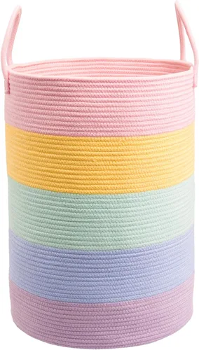 Vista 15 de XUANGUO Cesta de cuerda de algodón para ropa sucia, cesta de almacenamiento tejida para sala de estar, dormitorio, cesta de cuerda alta bohemia