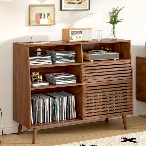 Vista 4 de Jluomei Soporte grande para tocadiscos, soporte para tocadiscos de mediados de siglo con puertas y estación de carga, mesa para tocadiscos