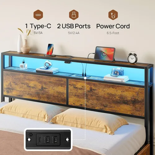 Vista 7 de Rolanstar Marco de cama twin con 4 cajones de almacenamiento, estación de carga y luces LED, cama de plataforma de metal con cabecera