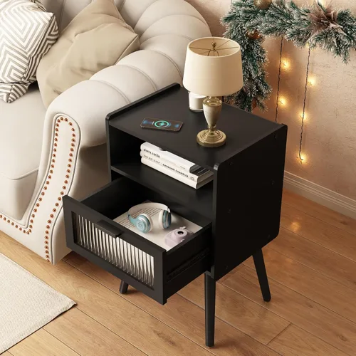 Vista 44 de Mesita de noche moderna de mediados de siglo con estación de carga, mesitas de noche con cajón de cristal, mesa auxiliar con espacio