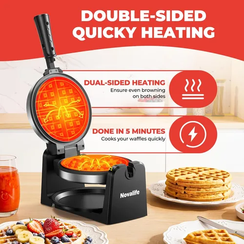 Vista 3 de Máquina de gofres belga giratoria, plancha para gofres abatible de 180°, placa antiadherente, control de tostado ajustable, mango plegable al tacto