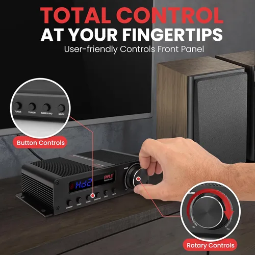 Vista 5 de Pyle Amplificador de audio de 5 canales de 100 W - Receptor estéreo inalámbrico Bluetooth de potencia de cine en casa con sonido envolvente