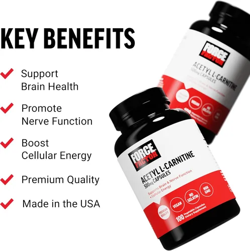 Vista 2 de Force Factor Suplemento cerebral de acetil L-carnitina, suplemento de apoyo nervioso y refuerzo de energía celular, acetil L-carnitina 500 mg
