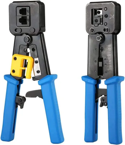 Vista 2 de Herramienta de crimpado RJ45 Ethernet para conectores de paso Cat6 Cat5 Cat5e RJ45 y extremos regulares R11/RJ12 con 50 conectores, 50 cubiertas