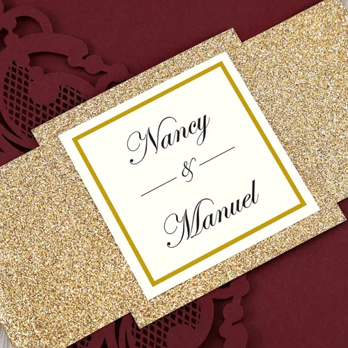 Vista 7 de DORIS HOME 50 invitaciones de boda cortadas con láser con sobres y tarjetas RSVP personalizadas interior con purpurina dorada para el vientre