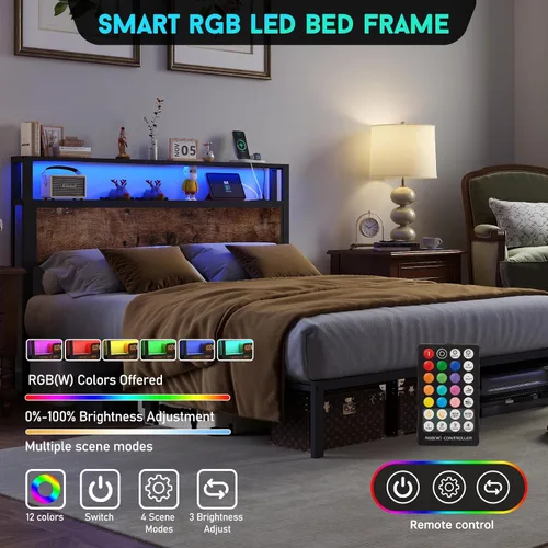 Vista 3 de Base de cama tamaño completo con cabecero, estructura de cama de plataforma metálica con luces LED y estación de carga, almacenamiento debajo