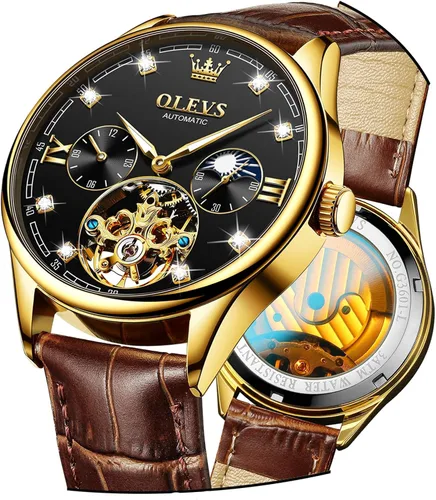 OLEVS Reloj automático de vestir para hombre, de lujo, con diamantes mecánicos, correa de cuero, impermeable, luminoso, relojes de pulsera para