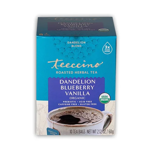 Vista 3 de Teeccino Té de Hierbas de Diente de León, Arándano y Vainilla, 10 Unidades - Té de Hierbas Rico y Tostado que es Libre de Cafeína y Prebiótico