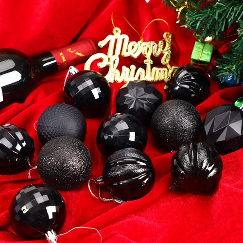 Vista 4 de JULMELON 24 adornos para árbol de Navidad, bolas negras para decoración navideña (negro, 2.36 pulgadas/2.362 in)