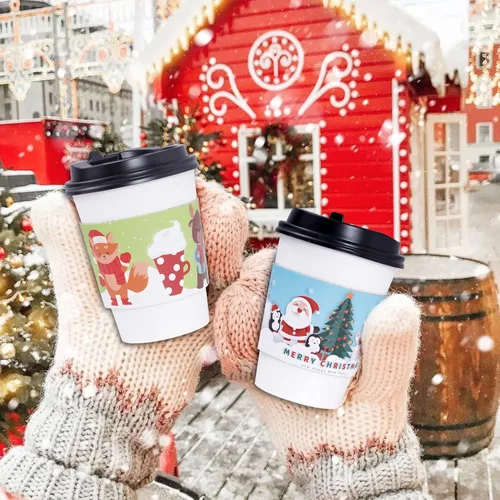 Vista 6 de Fundas navideñas para tazas de café, 120 unidades, chocolate caliente, cacao, fundas de papel para tazas de papel, doble capa protectora, bebidas