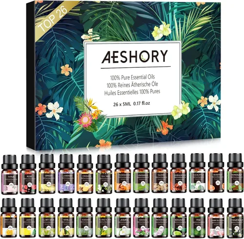 Juego de aceites esenciales – Kit de aceites esenciales de aromaterapia puros de 26 x 0.2 fl oz para difusor, masaje, cuidado de la piel y el