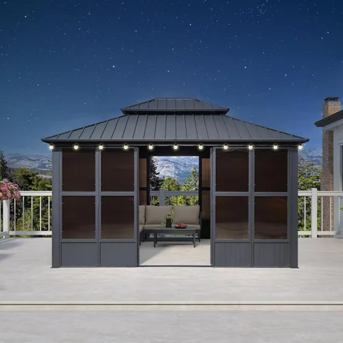 Vista 34 de PURPLE LEAF Glorieta de 6 x 8 pies con techo duro para parrilla de patio, refugio permanente de aluminio con toldo para barbacoa, con gancho