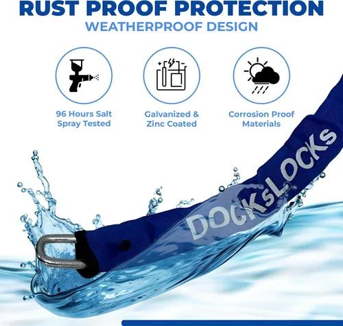 Vista 5 de DocksLocks Juego de cerraduras de cadena de seguridad de 0.315 in (3', 6' o 10') resistente, estilo cincha, resistente a la intemperie, acero al