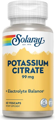 Solaray Citrato de potasio, equilibrio de electrolitos saludable, soporte de función nerviosa y muscular, vegano, 60 cápsulas vegetales