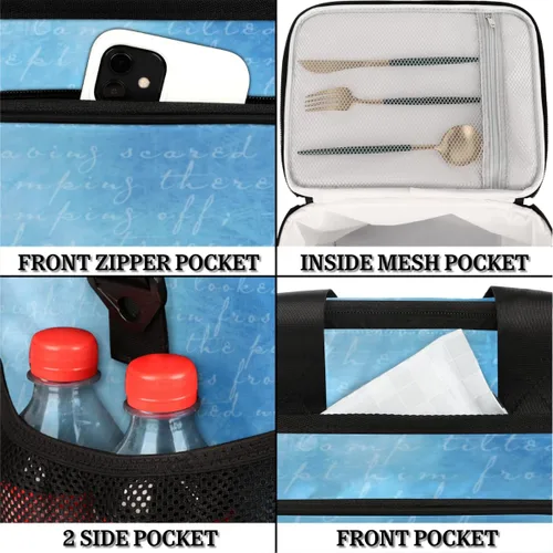 Vista 3 de QsirBC Bolsa de almuerzo reutilizable extragrande con asa reforzada, correas de hombro ajustables extraíbles, a prueba de fugas, con texto azul