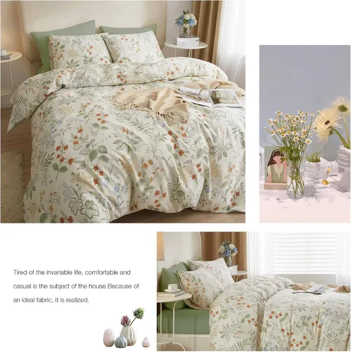 Vista 7 de mixinni Juego de funda de edredón floral tamaño Queen con patrón de flores verdes con cierre de cremallera para él y ella, de fácil cuidado, suave