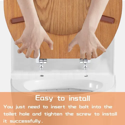 Vista 6 de Asiento de inodoro de madera redondo con bisagras de metal, asiento de inodoro de madera para asientos de inodoro de tamaño estándar americano