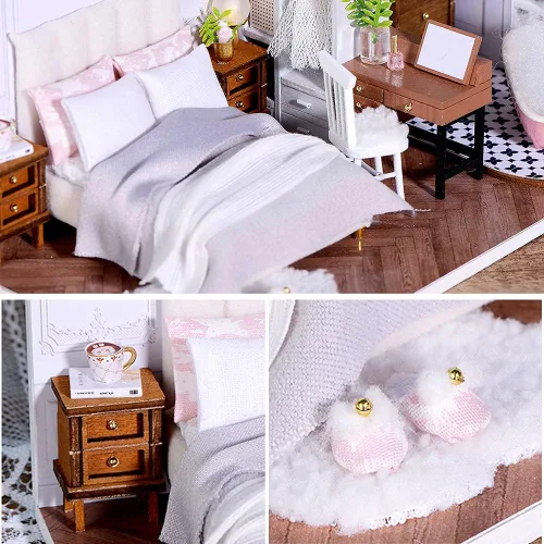 Vista 4 de Spilay Kit de casa de muñecas en miniatura con muebles de madera, kit de casa de muñecas de bricolaje con a prueba de polvo y movimiento musical