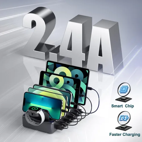 Vista 3 de Estación de carga para múltiples dispositivos, estación de carga 6 en 1, estación de carga múltiple para teléfono celular, tableta, iPhone, iPad