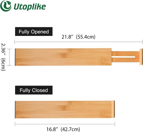 Vista 3 de Utoplike 4 separadores de cajones de cocina de bambú (16.8-21.8 pulgadas) y juego de escurridor de platos de teca de 2 niveles