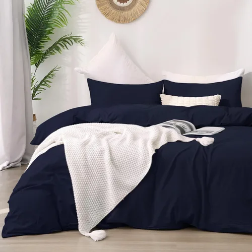 Vista 22 de ATsense Funda de edredón tamaño individual, 100% algodón lavado, sensación de lino, funda de edredón blanco hueso, juego de ropa de cama de 3