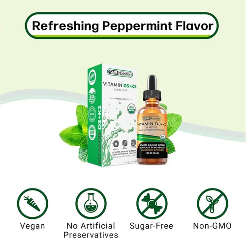 Vista 4 de SBR Nutrition Máxima absorción, vitamina D3 + K2 (MK-7) gotas líquidas con aceite MCT, sabor a menta, ayuda a apoyar huesos fuertes y corazón