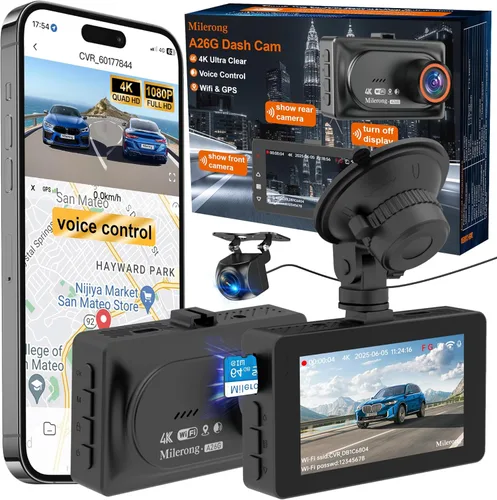 Vista 10 de Cámara de salpicadero dual frontal y interior con tarjeta de 64GB, Milerong X25 1080P para autos con visión nocturna infrarroja, grabación en bucle