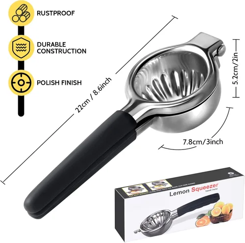 Vista 7 de Sopito - Exprimidor de limón de acero inoxidable, resistente con cuenco exprimidor de metal grande para jugos sin semillas, diseño de agarre