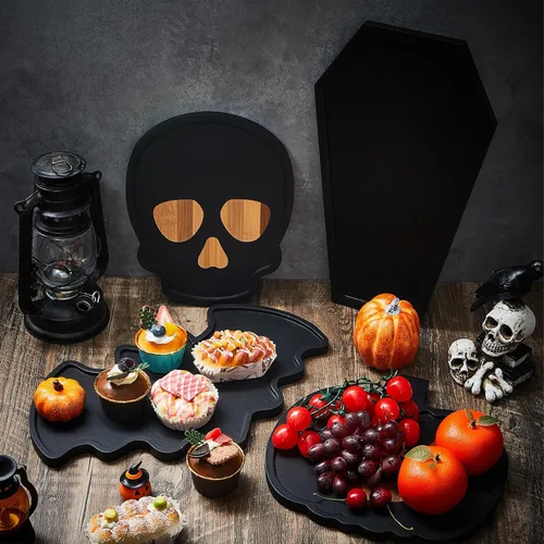 Vista 4 de Liliful Tablas de madera de calabaza de Halloween, tabla de queso de bambú, plato de charcutería y bandeja para servir para fiestas, bandeja